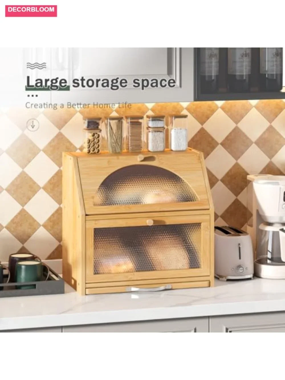 Double Layer Bamboo Bread Box with Cutting Board, Extra-large Capacity Kitchen